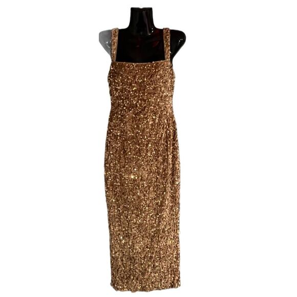 Miss Ord Mocha Sequin Velvet Square Neck Sleeveless Maxi Formal Dress Sz M - Picture 2 of 9